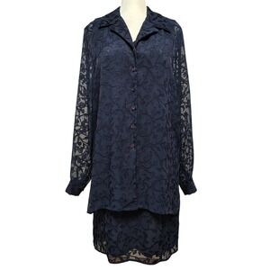 Vintage Casual‎ Corner Dress Set Size 14 Navy Blue Floral Lace Sheer Long Sleeve